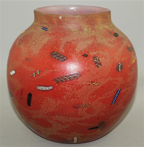 A rare and early Monart red and millefiori glass vase, c.1924, 24cm